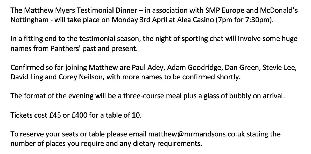 Hey @PanthersIHC fans, this will be my final event of the testimonial season. It would be great for as many of you to join us for dinner and some great hockey chat 👍🏻🥅 email me at matthew@mrmandsons.co.uk to book a ticket or table. Enjoy your Friday afternoon 👊🏻