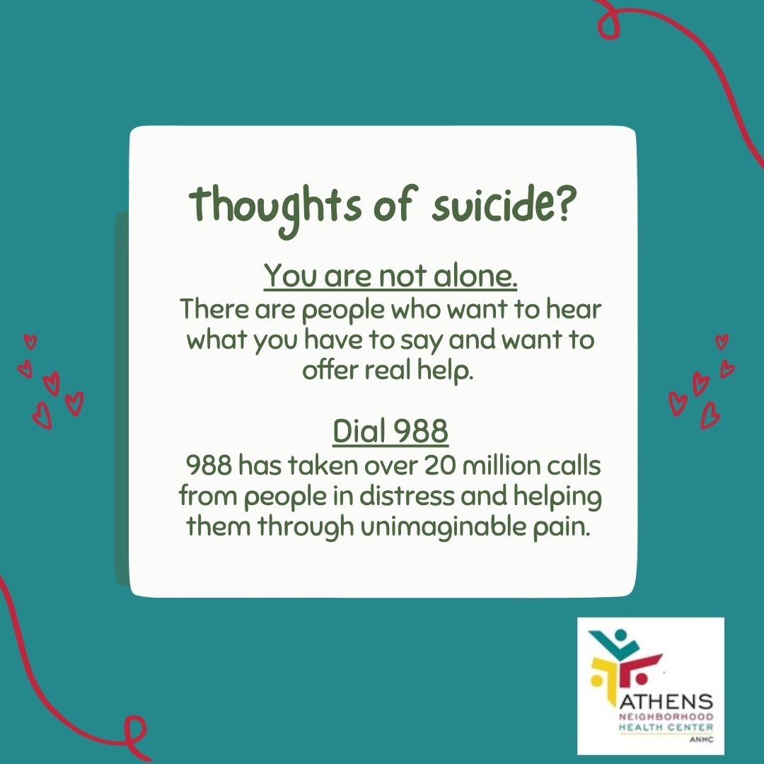 AthensNHC's tweet photo. If you or someone you know is struggling with suicidal thoughts, dial 988.

Think you have symptoms of depression or anxiety? Tell your primary care provider. We are currently accepting new patients. Call 706-546-5526.

#anhc #suicidalawareness #gethelp #athensga https://t.co/Tg8nBr7xM9