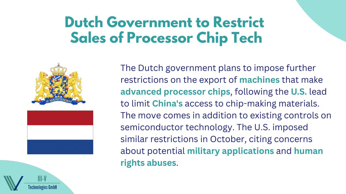 3_5_Tech's tweet photo. Dutch Government to Restrict Sales of Processor Chip Tech
#semiconductor #chips #innovation #technology #startup #3_5_Tech #Multi_Purpose_Sensor #Nederland #US #ChipsAct https://t.co/Mem3rnHYeb