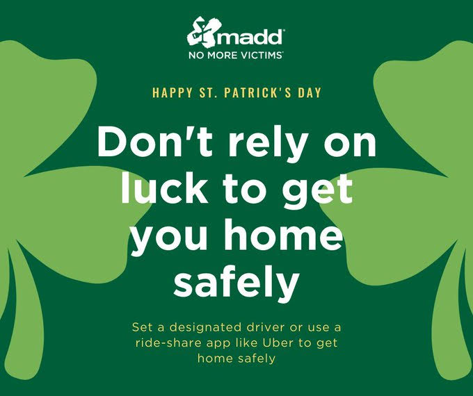 ColleyvillePD's tweet image. If you plan to celebrate St. Patrick’s Day tomorrow, follow these tips to stay safe: 🍀 If you're planning on driving, commit to staying sober 🍀 Plan a ride home from @Uber, @lyft, or a taxi 🍀 Don't leave your drink unattended 🍀 Keep an eye on your friends @MADDNational