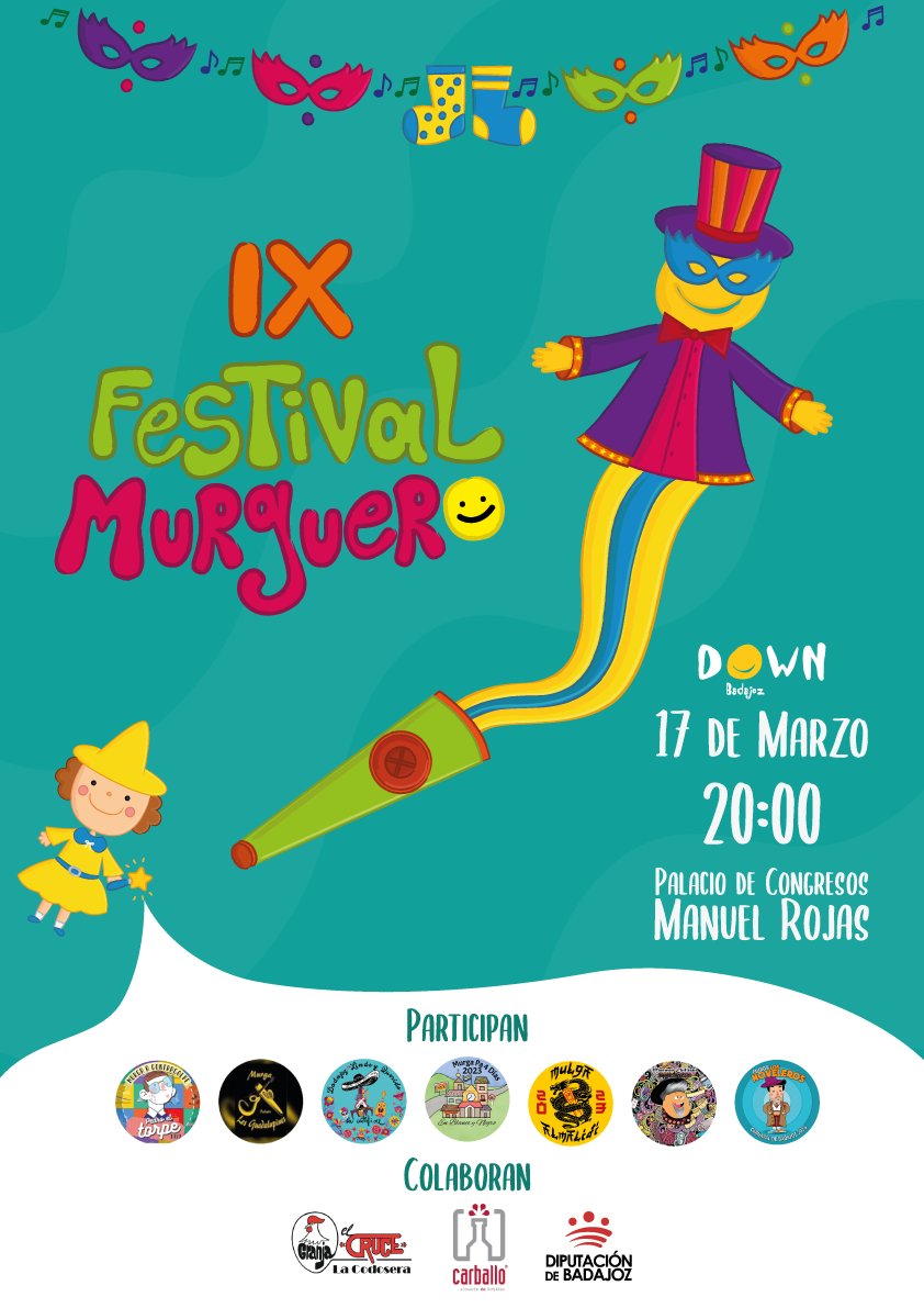 Down Badajoz (@downbadajoz) on Twitter photo Este es el cartelito del IX Festival Murguero 2023 🎭 (un poco modificado para redes 🤭), esperamos que os guste 💗💚💛💙
🧡Reserva de entradas por WhatsApp: 679 24 42 06
<a href="/MurgaMarwan/">Marwan Chilliqui</a> <a href="/MurgaCastafiore/">MurgaLaCastafiore</a> <a href="/LosGuadalupines/">Los Guadalupines</a> @LosNoveleros_ <a href="/murgalmaridi/">Murga Al Maridi</a> <a href="/Pa4dias/">Murga Pa4Días</a> <a href="/A_ContraGolpe/">Murga A ContraGolpe</a> Este es el cartelito del IX Festival Murguero 2023 🎭 (un poco modificado para redes 🤭), esperamos que os guste 💗💚💛💙
🧡Reserva de entradas por WhatsApp: 679 24 42 06
<a href="/MurgaMarwan/">Marwan Chilliqui</a> <a href="/MurgaCastafiore/">MurgaLaCastafiore</a> <a href="/LosGuadalupines/">Los Guadalupines</a> @LosNoveleros_ <a href="/murgalmaridi/">Murga Al Maridi</a> <a href="/Pa4dias/">Murga Pa4Días</a> <a href="/A_ContraGolpe/">Murga A ContraGolpe</a>