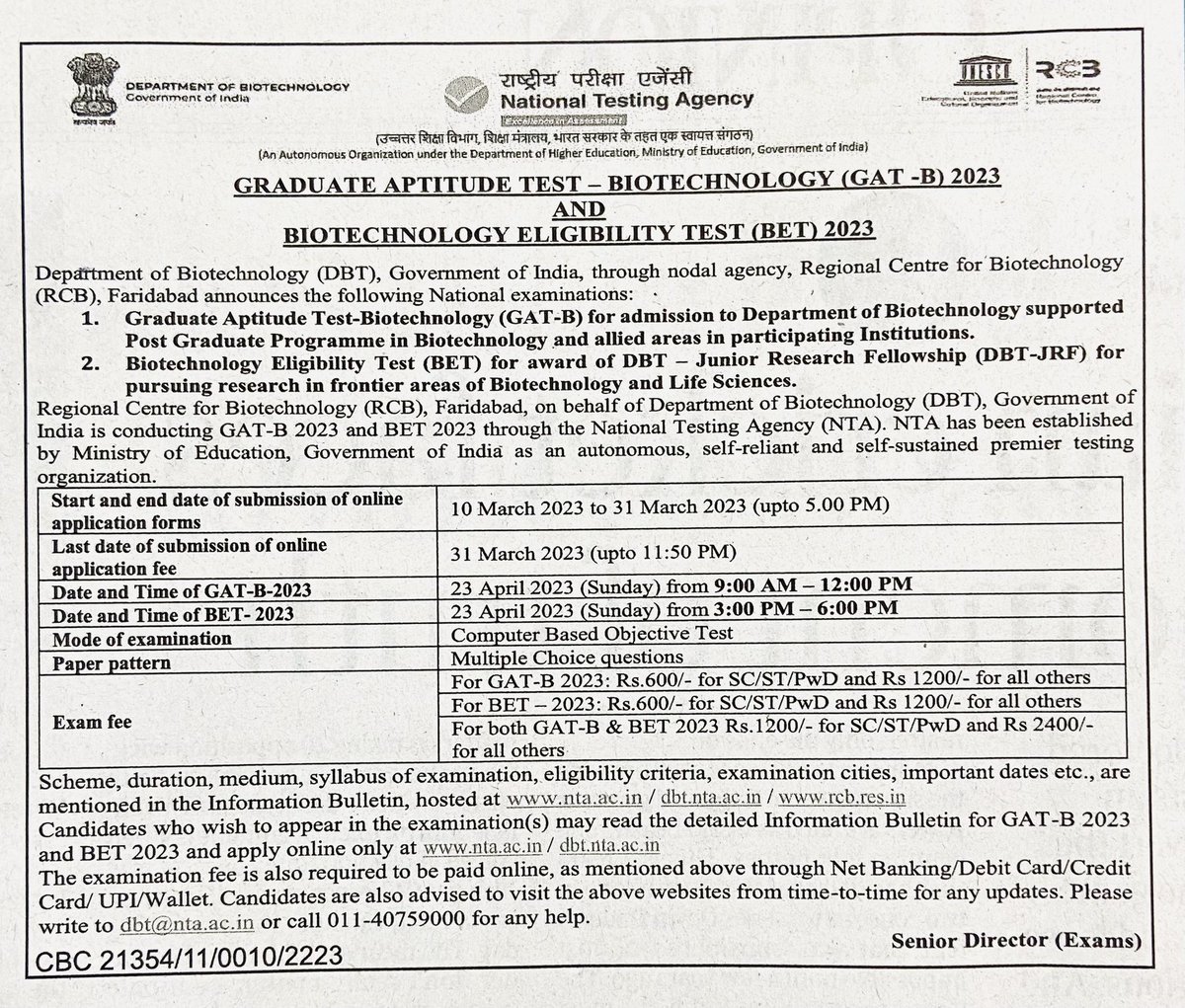 AkshayB1992's tweet photo. @DBTIndia through nodal agency @unescorcb invites application for Biotechnology Eligibility Test 2023 for pursuing doctoral research &amp; Graduate Aptitude Test 2023 for pursuing master’s degree in leading area’s of #Biotechnology and #LifeSciences. https://t.co/KFhK4KkSlF