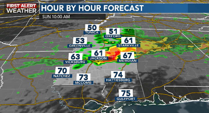 BwalkerWLBT's tweet photo. We could experience a cluster of strong storms Sunday morning that bring gusty winds, hail, and frequent lightning, and we can't rule out a spin-up tornado. The line looks to impact our area on Sunday between 6 AM and 12 PM. 
God Bless. 
#mswx https://t.co/R0q8eqpZhF