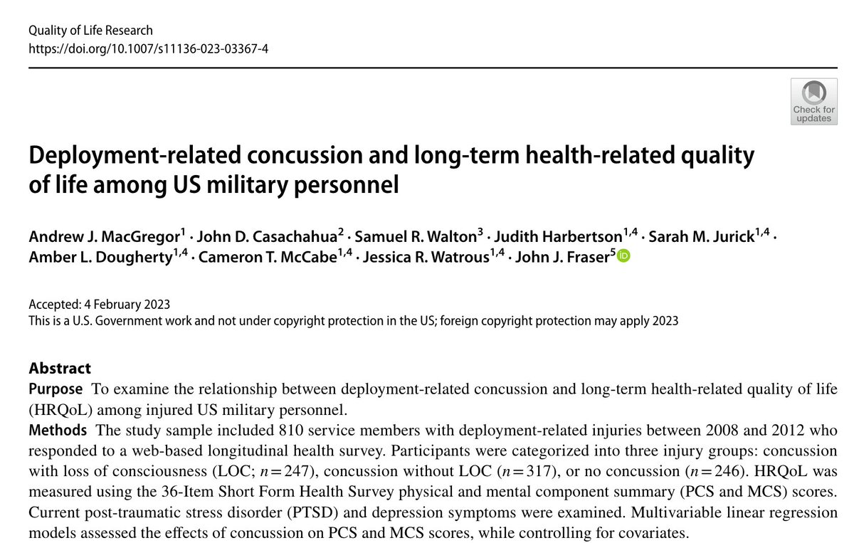 John J. Fraser, DPT, PhD, FACSM (@navypt) on Twitter photo Just published in Qual Life Res. Our study assessing long term health-related quality of life in #tacticalathletes with #concussion incurred during deployment is available open access. <a href="/NH_RC/">Naval Health Research Center</a> <a href="/MilitaryHealth/">Military Health System</a>
doi.org/10.1007/s11136… Just published in Qual Life Res. Our study assessing long term health-related quality of life in #tacticalathletes with #concussion incurred during deployment is available open access. <a href="/NH_RC/">Naval Health Research Center</a> <a href="/MilitaryHealth/">Military Health System</a>
doi.org/10.1007/s11136…