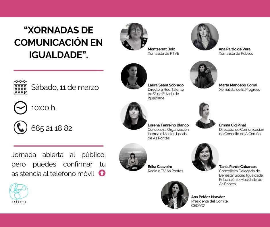Ellas son nuestras invitadas de lujo en las “Xornadas de Comunicación en Igualdade”. ¡Os esperamos mañana en As Pontes! 💜
🗓 Sábado 11 de marzo
 ⏰ 10:00 h.
📍Salón de Actos da Casa Dopeso (Rua Rosalía de Castro, 28
▶️ Teléfono de confirmación 📲 685 211 882
#8M2023 #aspontes