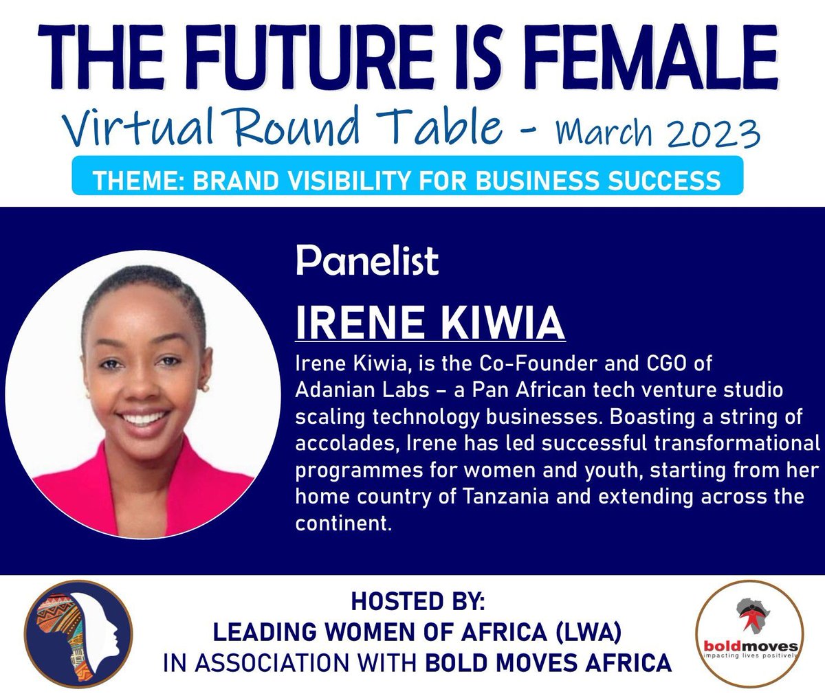 LWAfrica's tweet photo. #MeetTheSpeakers of today's #futureisfemale session:
@KiwiaIrene from @Adanianlabs
@Clarinaster from @Bizcommunity
@KayDee_Mashile from @PerfectLoveHub

Join us at https://t.co/31gB5zsO3L
#internationalevrouwendag #InternationalWomensDay https://t.co/fJ3f9r44YF