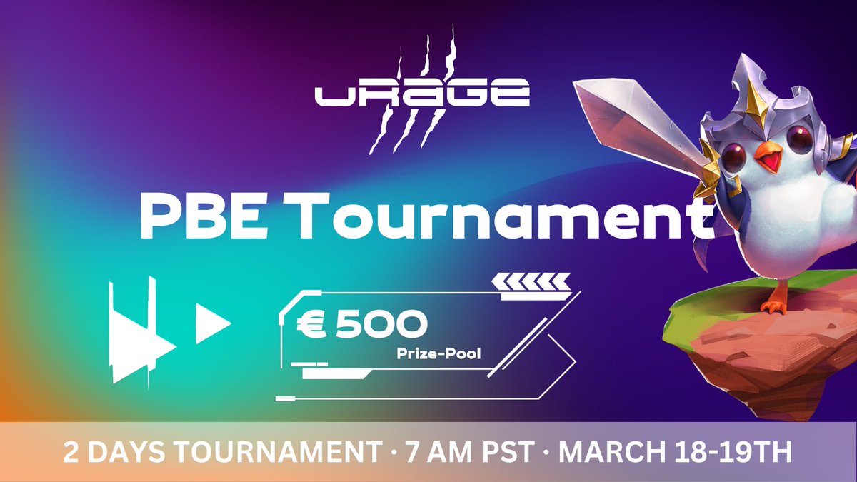 Hey @TFT , Time for a PBE tournament! Sponsored by @urage_gaming ! #ITSALLABOUTYOU
500 euros with some BIG players playing in this one such as @RainplosionTFT !
It will be TOed by @Boyses21 and will have a broadcast!
Sign up in our TFT community discord! #ITSALLABOUTYOU