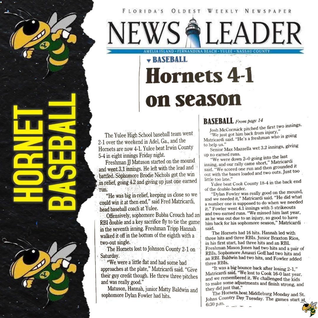Great article by the News Leader on the Hornets start to the 2023 season! #YuleeBaseball #HornetBaseball #OnTheRise #🐝⚾️ #5-1 #StingEm