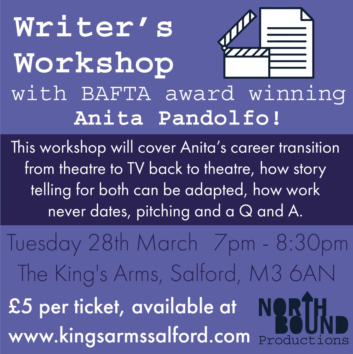 Come along to our Writer’s workshop with BAFTA award winning Anita Pandolfo!

Tickets available here: kingsarmssalford.com/event/writers-… 

#ManchesterWriters #ManchesterWorkshop #WritersWorkshop