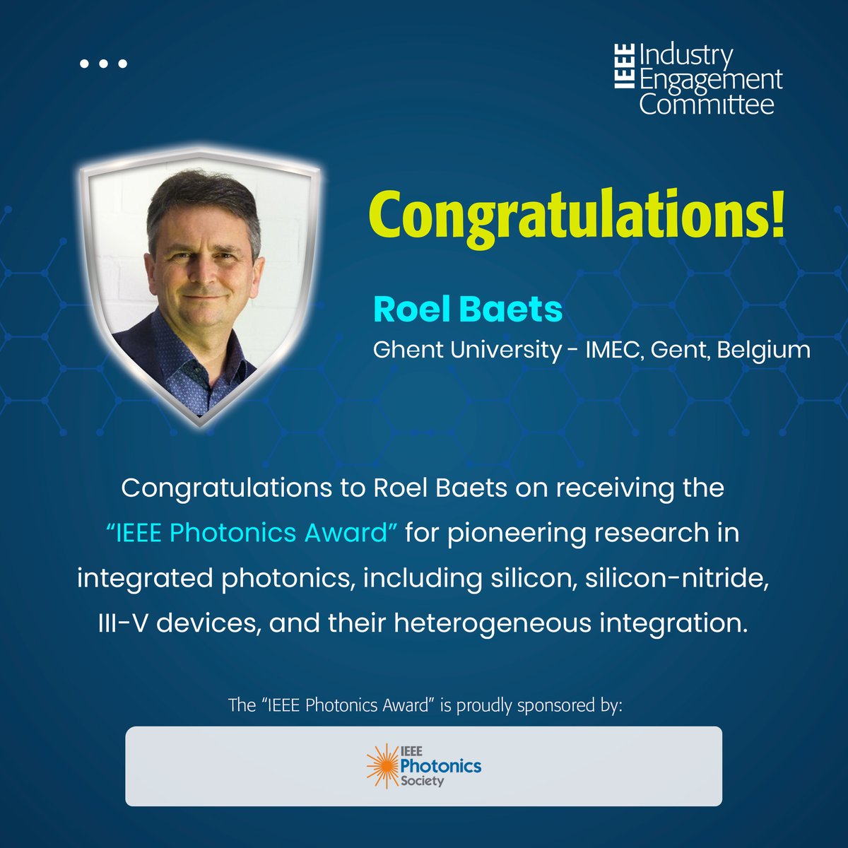 ieee_industry's tweet photo. Congratulations to Professor @RoelBaets of Ghent University (@ugent) Imec (@imec_int), Belgium on receiving 2023 IEEE Photonics Award!
#IEEE #IEEEIndustry #IEC #IEEEMembers #IEEEVolunteers #IEEELeaders #IEEEAwards #Industry #TechnicalFieldAwards https://t.co/BcY3dXRPyt