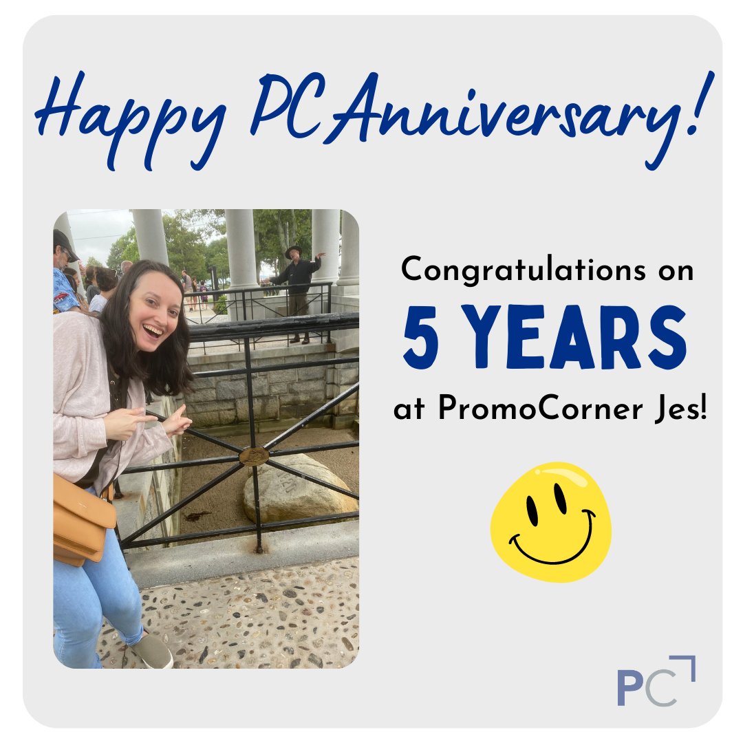 promocorner's tweet image. Happy 5 year PC anniversary to the one and only, Jes Onions. Thank you for always putting your special touch on all things PC and making us (and our customers) look pretty! We are lucky to have you! Here’s to more fun and great adventures. XOXO #TeamPC