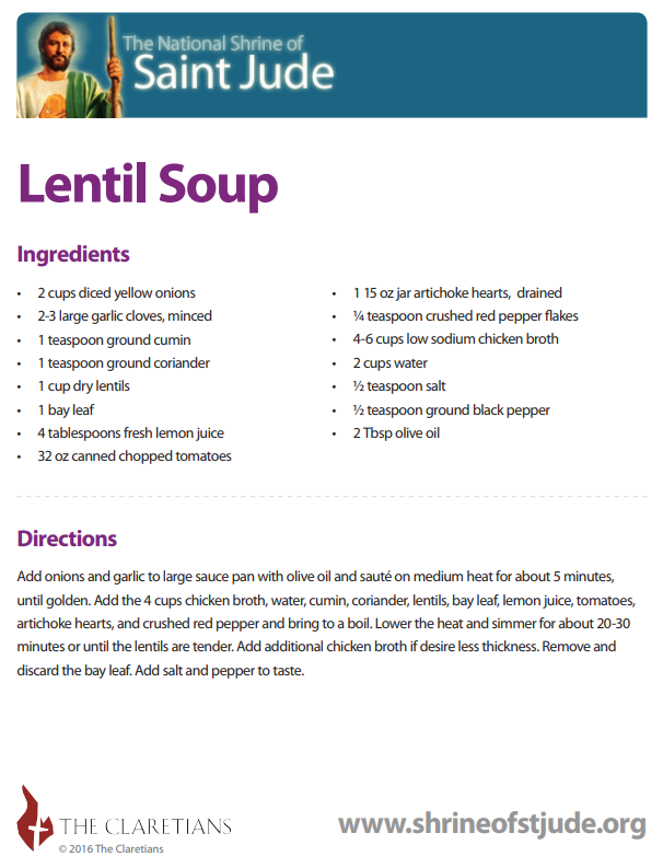 On this third Friday of Lent, check out this great recipe for Lentil Soup! Download this recipe and more on our website: bit.ly/lentfriendlyre…

-

#foodiefriday #lent #lentilsoup #soup #nomeat #food #foodie #catholic #catholicfaith #romancatholic #catholicism #stjude #saintjude