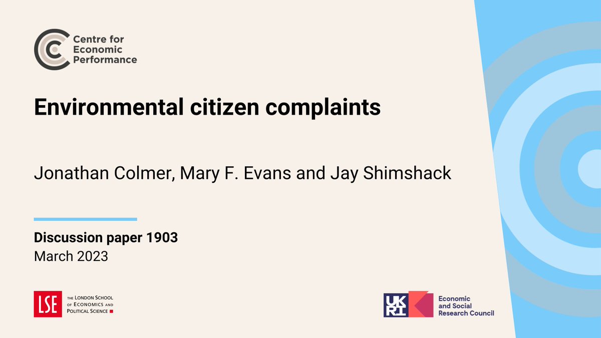 Centre for Economic Performance (@cep_lse) on Twitter photo . <a href="/JonathanColmer/">Jonathan Colmer</a> Mary F. Evans & <a href="/jayshimshack/">Jay Shimshack</a> provide comprehensive evidence on citizen complaints related to environmental concerns. They find citizen complaints enhanced regulatory efficiency.
ow.ly/O0fu50Nf6PX . <a href="/JonathanColmer/">Jonathan Colmer</a> Mary F. Evans & <a href="/jayshimshack/">Jay Shimshack</a> provide comprehensive evidence on citizen complaints related to environmental concerns. They find citizen complaints enhanced regulatory efficiency.
ow.ly/O0fu50Nf6PX