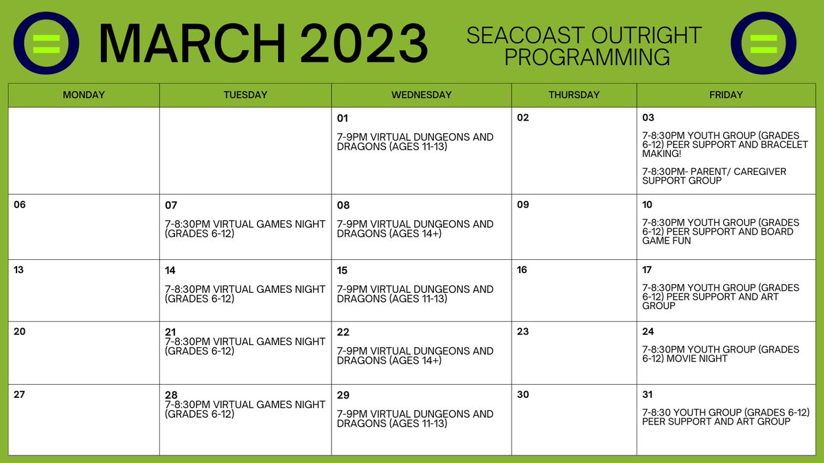 We’ve expanded our LGBTQ+ Friday Night Youth Groups (Grades 6-12) to include more fun programming. Tonight's group is peer support and board games! Groups are held at Community Campus; no sign up required.

 Visit our website for more info: ow.ly/zxPF50N439U