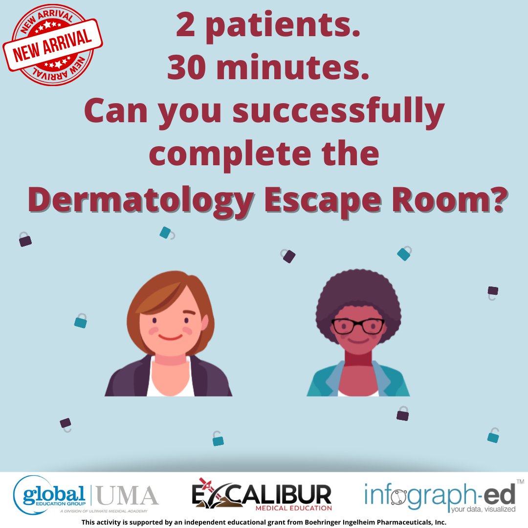 ExcaliburMedEd's tweet photo. Try to 'escape’ the room by using your knowledge of the #management & #treatment of patients with #pustular #psoriasis. https://t.co/Hi85Acrv1t
Grant from Boehringer Ingelheim Pharmaceuticals, Inc.
#dermatology #CME #meded @infograph_ed @GlobalEducationGroup @Excaliburmeded https://t.co/VsAzI9pQfi