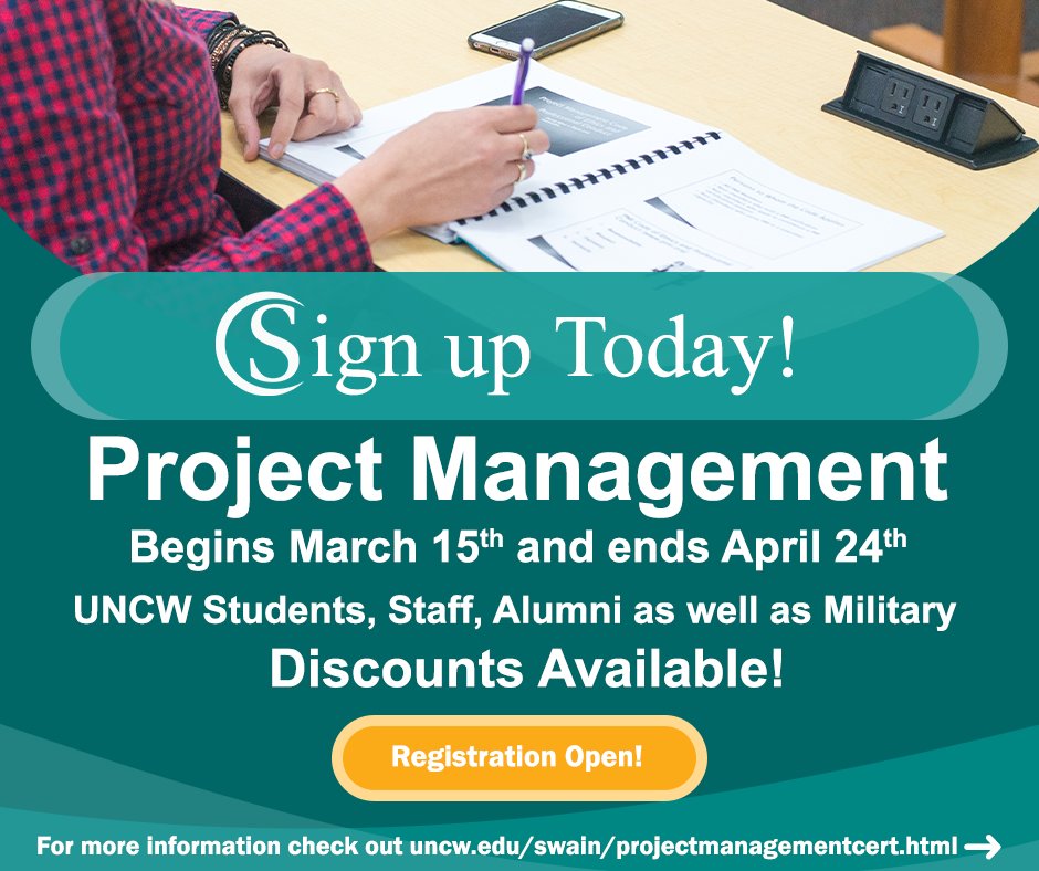 It’s the last chance to sign up for the next Project Management Certificate program starting March 15th. Enroll today and learn Project Management from UNCW faculty Dr. Drew Rosen. 
Sign up at uncw.edu/swain/projectm…
#PMP #CAPM #projectmanagement #ExecEd #elearning