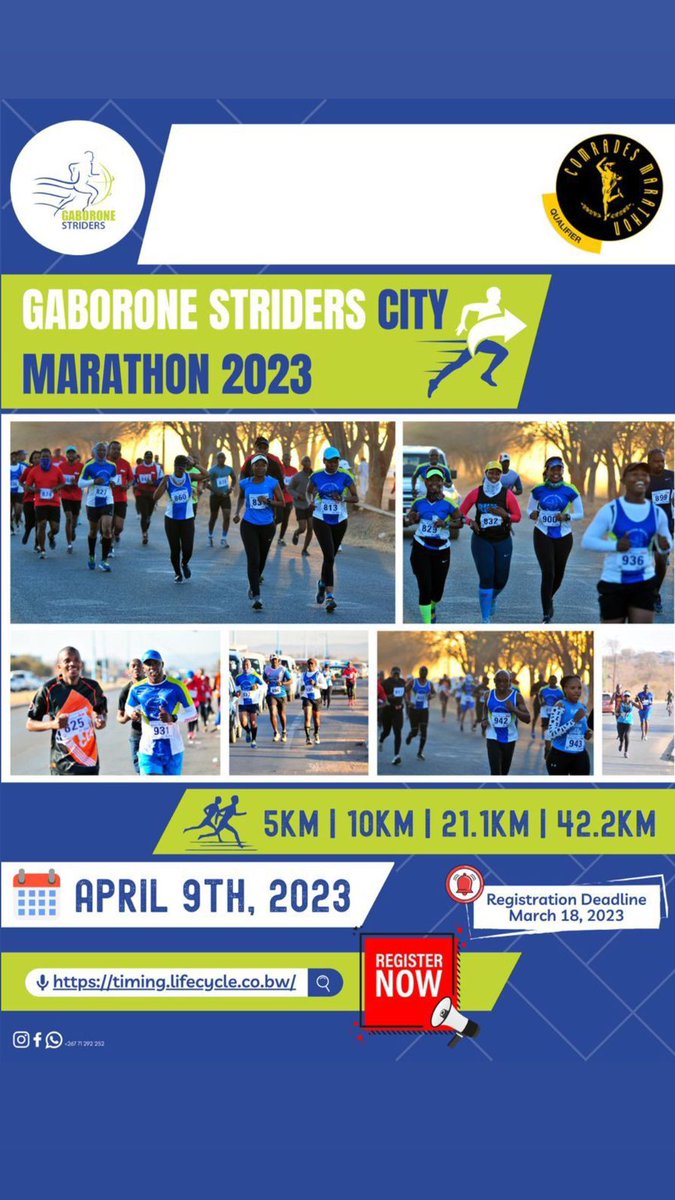 GabzStriders's tweet photo. The countdown is on! Register for the Gaborone Striders City Marathon by 18th March 2023 and get your hands on the mystery contents of our exclusive goodie bag. Hint: It's the ultimate running swag!
#gaboronestriderscitymarathon2023 #gaboronestriders #gabzstriders #citymarathon https://t.co/lmhRMaO1p8