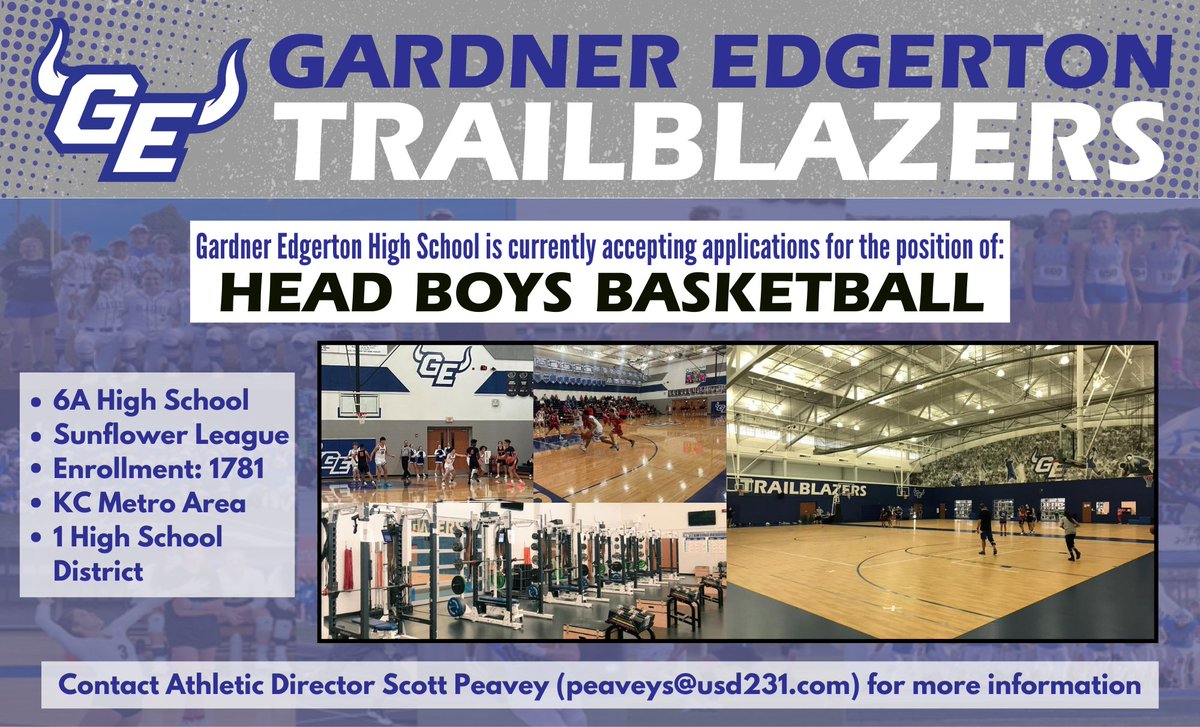 Peavey230's tweet image. Gardner Edgerton High School is accepting applications for the position of Head Boys Basketball coach.  Apply online and please contact me with any questions! @KansasPregame @810varsity @KBCA_Tweets @kpreps @PrepsKC