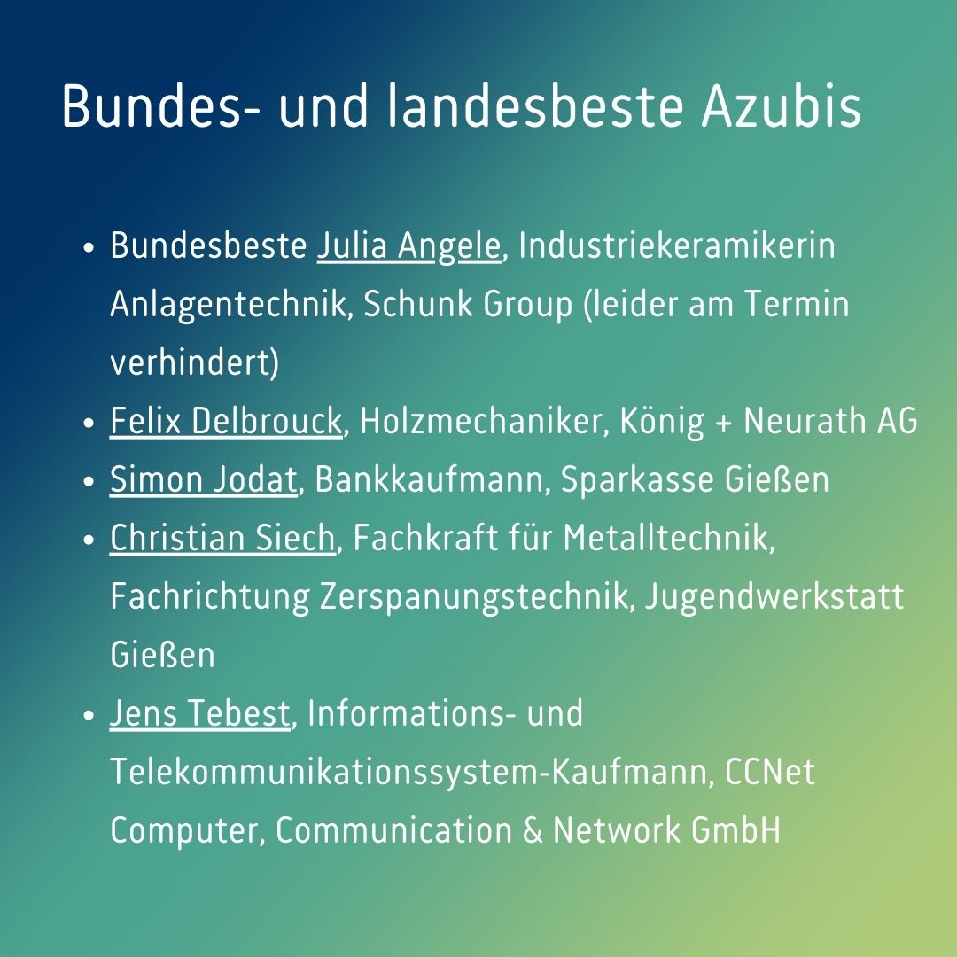 🤩 Wir sind stolz, dass wir wieder vier Landes- und sogar eine Bundesbeste in ihren Ausbildungsberufen aus Unternehmen in unserem IHK-Bezirk haben. 💪

Herzlichen Glückwunsch! 👏 
#vorbilder #ausbildung #dualeausbildung #fachkräfte #ihk #ihkgiessenfriedberg #jetztkönnenlernen