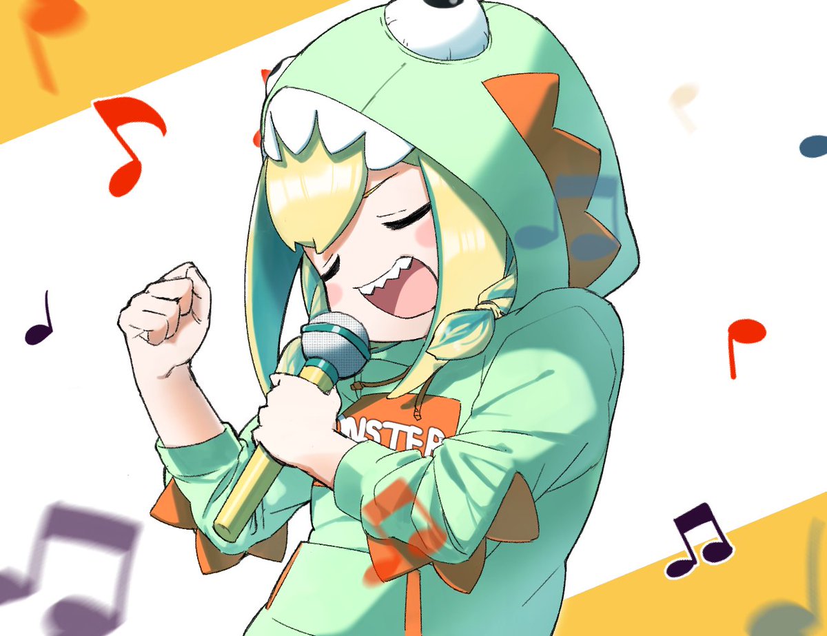 1girl music sharp teeth hood singing solo blonde hair  illustration images