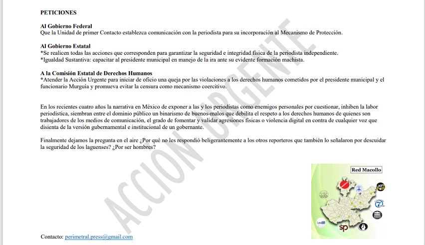 Ni 24h pueden cesar las violencias machistas en #Jalisco.

Compartimos la #AcciónUrgente que emitimos como #RedMacollo a favor de la periodista @PulpitoAzulado quien fue agredida y censurada por Tecutli Gómez y equipo en presencia de @SEDENAmx y @FiscaliaJal sin que rectificara.
