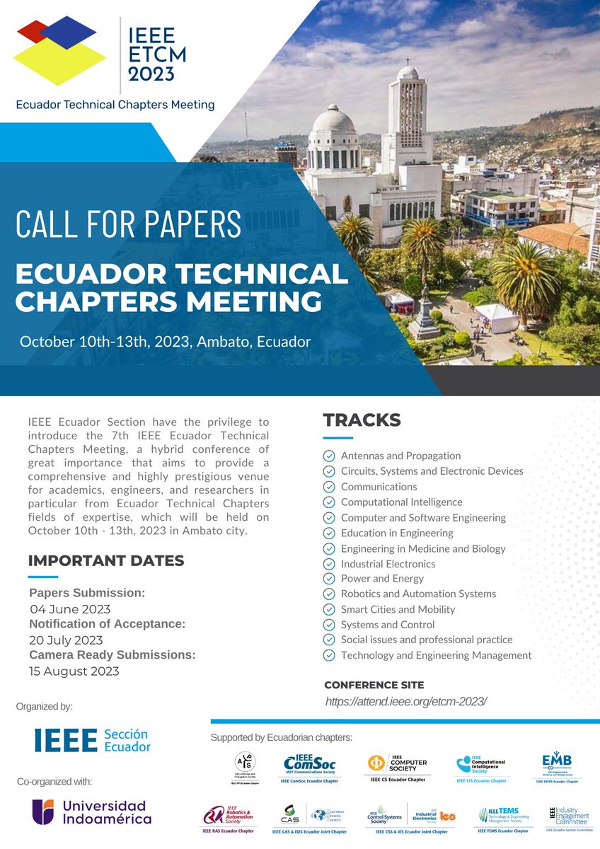ieee_sec_ecu's tweet photo. #IEEE #Ecuador Section has the privilege to introduce the ETCM 2023 congress, the most important congress of the section and an event of great importance for the promotion and dissemination of engineering research.
COMING SOON
🌐 https://t.co/YEhl4gHrka
#IEEE_EC #conference https://t.co/OD2uAWpQRS