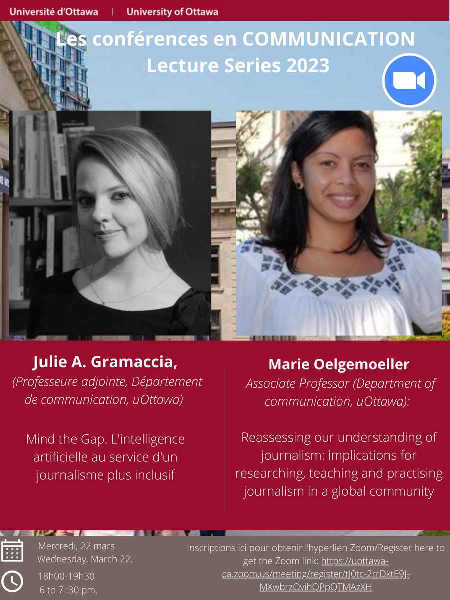 Conférences en COMMUNICATION Lecture Series 
Mercredi, 22 mars, 18h00-19h30/Wednesday, March 22, 6 to 7 :30 pm (Ottawa) Julie A. Gramaccia &amp; Marie Oelgemoeller
Inscriptions ici pour obtenir l’hyperlien Zoom/Register here to get the Zoom link: shorturl.at/bpA45
<a href="/MFBernier/">Marc-François Bernier</a>