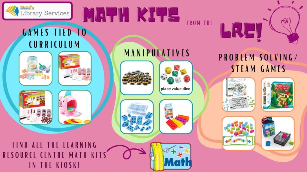 LRC_HCDSB's tweet photo. Keep up with math skills over the March Break with digital resources and websites! Keep the math fun going after March break with kits from the LRC! Check out some of the many math kits and books that align with the curriculum and support the different ways students learn. @HCDSB https://t.co/yoolAnLZWz