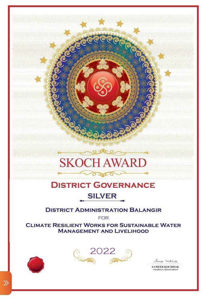 District Administration, Balangir conferred with Skoch Award (Silver) for Climate Resilient Works for Sustainable Water Management and Livelihood-Jal Shakti Abhiyan under District Governance Category. <a href="/CMO_Odisha/">CMO Odisha</a> <a href="/PRDeptOdisha/">Panchayati Raj and Drinking Water Department</a> <a href="/OdishaWater/">Deptt. of Water Resources</a>