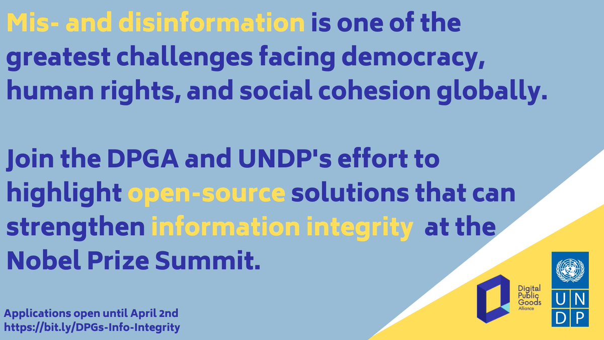 Digital Public Goods Alliance (@dpgalliance) on Twitter photo 📣We're excited to announce the advisory panel for our <a href="/NobelPrize/">The Nobel Prize</a> Summit campaign to combat #InformationPollution with #OpenSource!
From diverse sectors & regions, these experts bring a wealth of knowledge on how tech can make an impact
Learn more ➡️ digitalpublicgoods.net/blog/dpgs-info… 📣We're excited to announce the advisory panel for our <a href="/NobelPrize/">The Nobel Prize</a> Summit campaign to combat #InformationPollution with #OpenSource!
From diverse sectors & regions, these experts bring a wealth of knowledge on how tech can make an impact
Learn more ➡️ digitalpublicgoods.net/blog/dpgs-info…