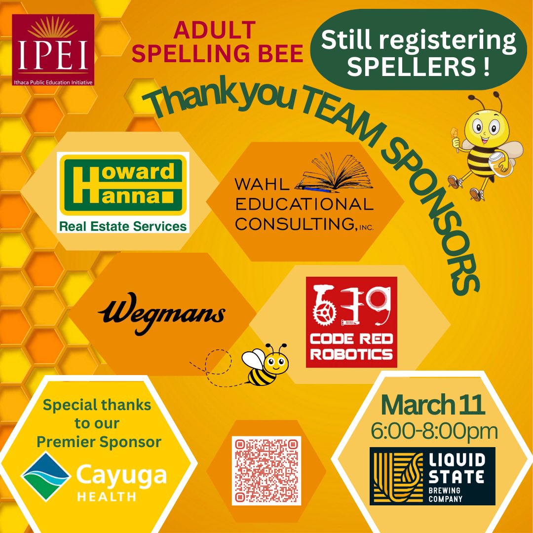 🐝 Last call to join IPEI Saturday for our Adult Spelling Bee @LiquidStateBeer ! Fun times & food available from Silo 😋! Thank you sponsors, spellers, and spectators! 
🐝
🐝
🐝

#ithacapei #ipeispellingbee #adultspellingbee #ithacaschools #ithagram #twithaca