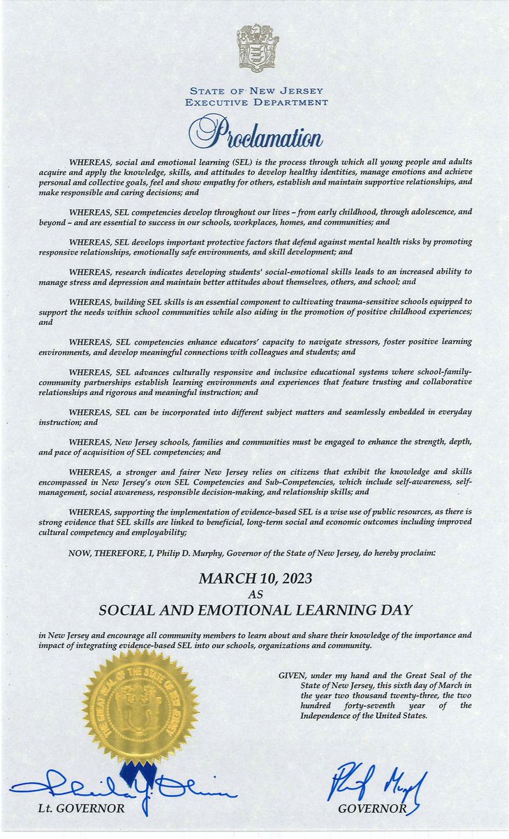 SEL4US (@sel4usa) on Twitter photo Thank you <a href="/GovMurphy/">Governor Phil Murphy</a> for recognizing the importance and impact of #SEL with a #SELday 2023 proclamation!
<a href="/SEL4NJ/">SEL4NJ</a> <a href="/urbanassembly/">Urban Assembly</a> Thank you <a href="/GovMurphy/">Governor Phil Murphy</a> for recognizing the importance and impact of #SEL with a #SELday 2023 proclamation!
<a href="/SEL4NJ/">SEL4NJ</a> <a href="/urbanassembly/">Urban Assembly</a>