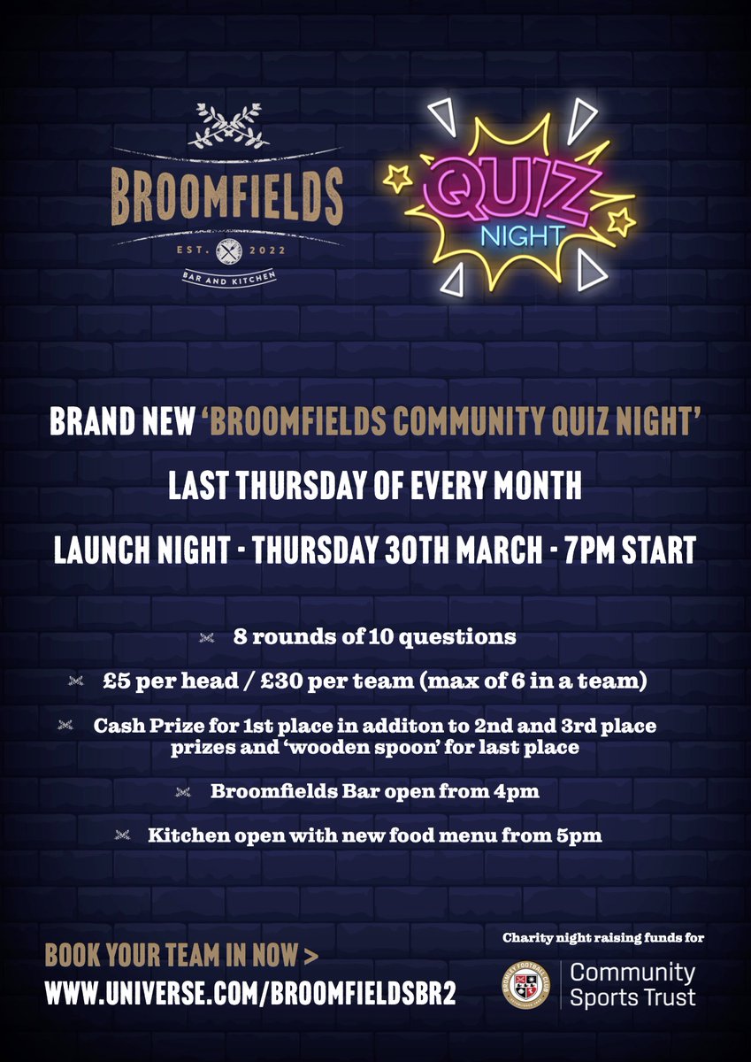 BroomfieldsBR2's tweet photo. 𝐐𝐔𝐈𝐙 𝐍𝐈𝐆𝐇𝐓!

We are hosting our very first quiz night raising funds for the @BromleyFCTrust. 
This will happen the last Thursday of Every month. 
Book your team on our universe page. 
#hellobroomfields #quiznight #charity #community https://t.co/ZGUlowLxfL