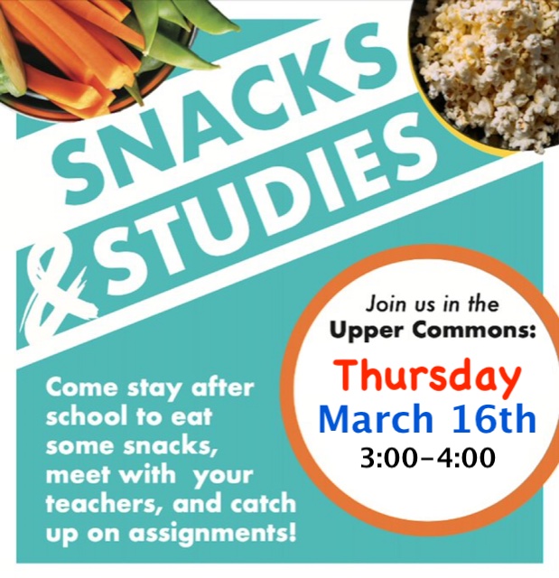 Snacks and Studies is coming up next week! Come hang out and get caught up/get help for anything you need!