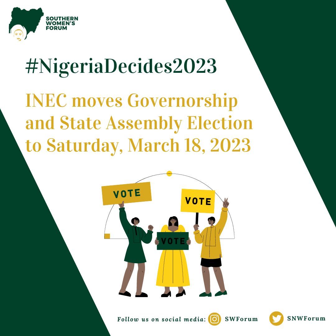 SNWForum's tweet photo. The Gubernatorial elections have been moved by INEC but the spirit and energy should not be moved. It should be seen as more time to scan all the candidates of your state and give you an informed decision to choose. #votingisimportant #yourvotecounts #NigeriaDecide2023 https://t.co/4IBG2xa9R0