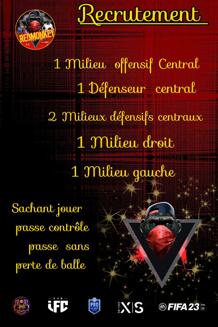 Bonjour la Red Monkey recrute quelques postes.
Jeu en contrôle passe, 1-2, triangle.
Pour plus d'informations veuillez me contacter ou @EpicFabio.