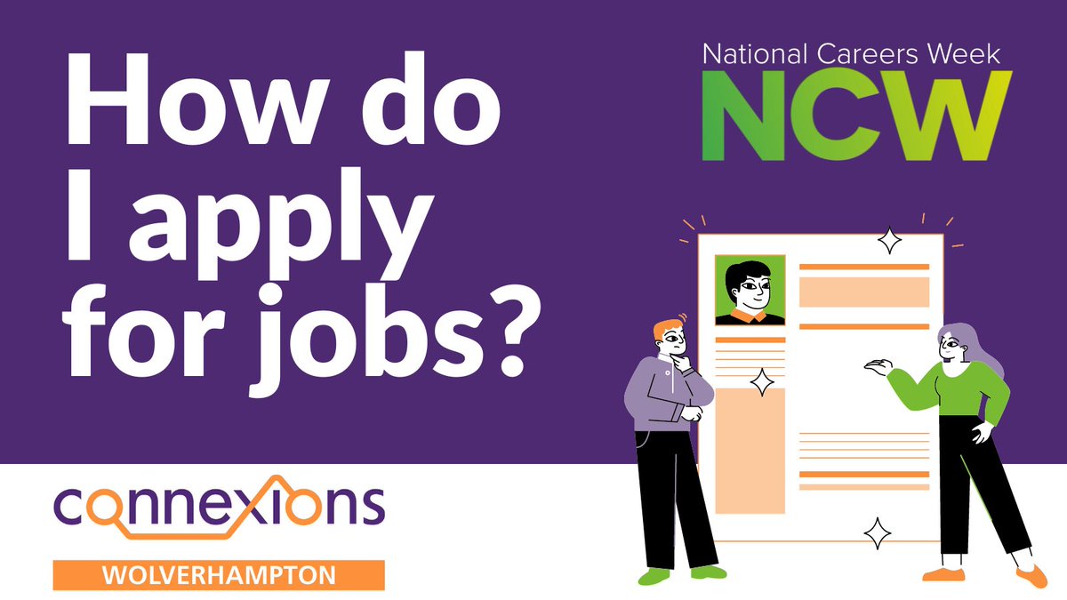 4 ways to get started applying for job roles:
➡️ Search for roles
➡️ Research into companies
➡️ Tailor your CV
➡️ Write a Cover Letter 

For more help and info on how to apply for jobs, get in touch with our careers advisors on 01902 554499.

#NCW2023