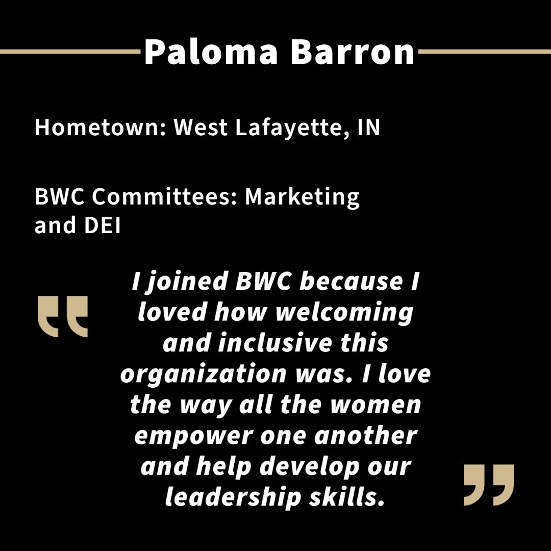 Happy Friday and Happy Spring Break Boilers! This week’s #BWC Ambassador Highlight features Paloma Barron, a member of our Marketing and DEI Committee.

Click to see why Paloma wanted to join the Brock-Wilson Center!

@PurdueBusiness #BrockWilsonCenter #PurdueBusiness