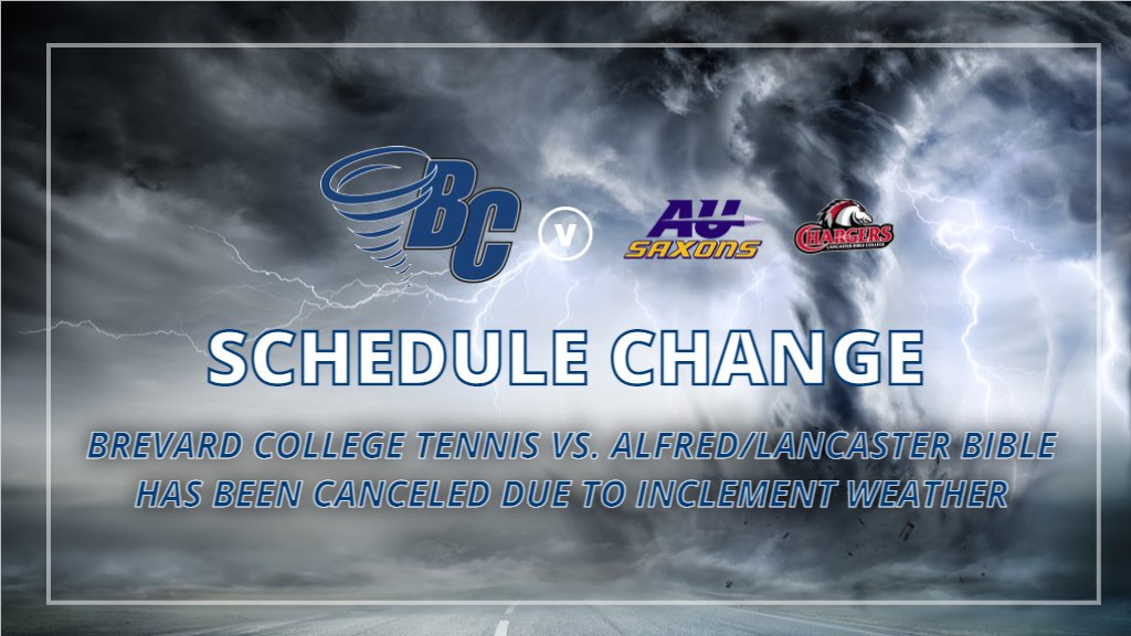 Brevard College Athletics (@bctornados) on Twitter photo M/W Tennis: SCHEDULE UPDATE - <a href="/Brevard_Tennis/">Brevard College Tennis</a>' Spring Break finale vs. Alfred/Lancaster Bible has been canceled due to inclement weather in Hilton Head Island, S.C.
#NadoNation #d3tennis M/W Tennis: SCHEDULE UPDATE - <a href="/Brevard_Tennis/">Brevard College Tennis</a>' Spring Break finale vs. Alfred/Lancaster Bible has been canceled due to inclement weather in Hilton Head Island, S.C.
#NadoNation #d3tennis