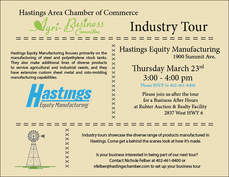 Industry tours showcase a diverse range of products manufactured in Hastings. Come look behind the scenes at how it’s made! 

Thursday, March 23
3:00-4:00 PM
RSVP: 402-461-8400

Is your business interested in being part of our tour? 
Contact Nichole at 402-461-8400

#IndustryTour