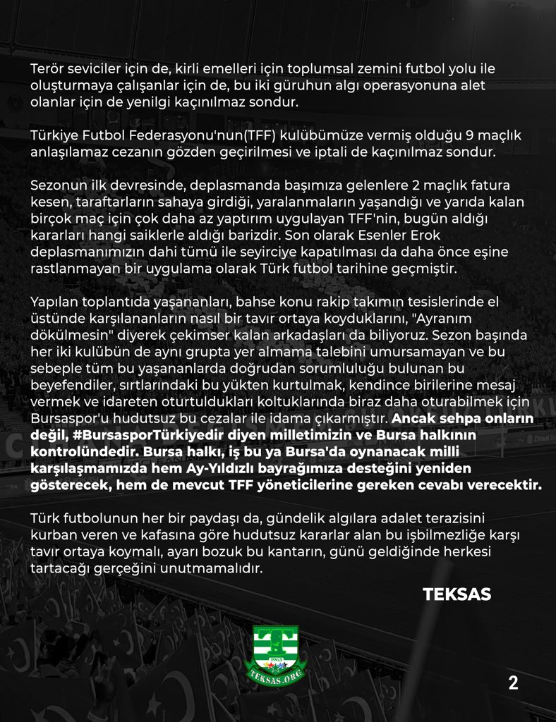 Kaçınılmaz son bellidir.
Yapılan provokasyonu boşa çıkaracak, algı operasyonlarını kıracak, bu TFF yönetimini koltuklarından edeceğiz.

İnadına, #BursasporTürkiyedir!