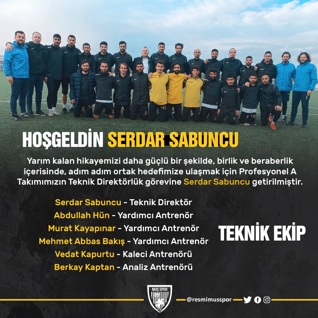 🔸HOŞGELDİN SERDAR SABUNCU! 

💛🤍 Yarım kalan hikayemizi daha güçlü bir şekilde, birlik ve beraberlik içerisinde tamamlamak ve adım adım ortak hedefimize ulaşmak için Profesyonel A Takımımızın Teknik Direktörlük görevine Serdar Sabuncu getirilmiştir.