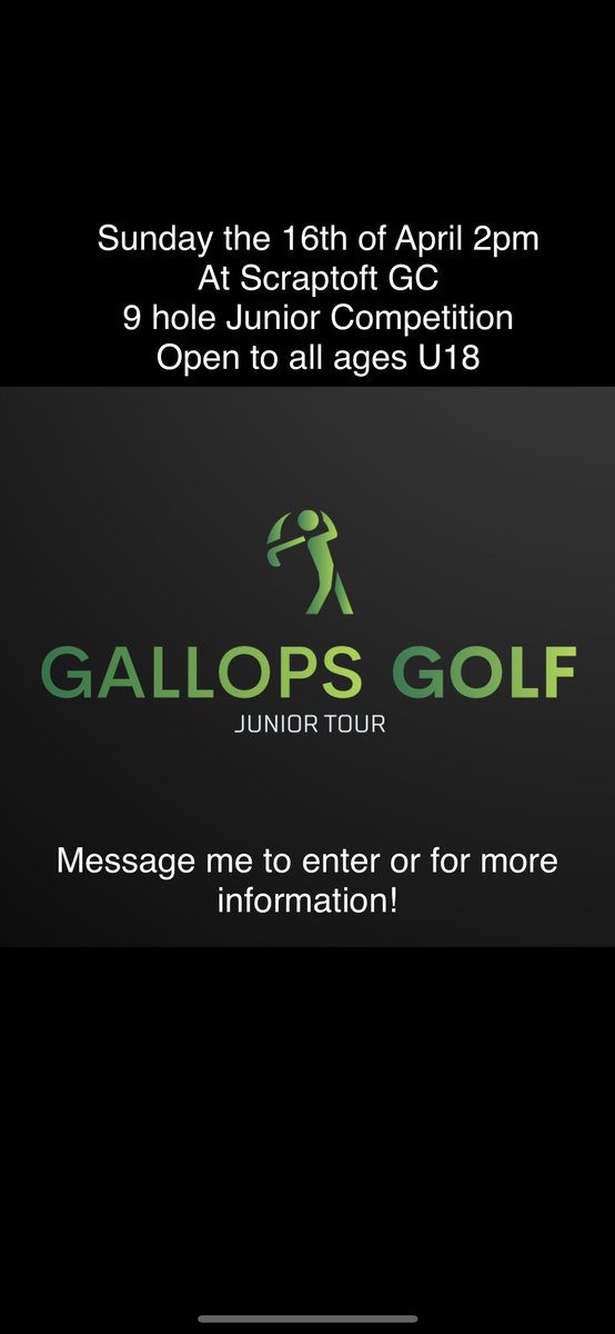 <a href="/GolfLeicester/">Leicester Golf Centre</a> Gallops Juniors are going on tour!!
9 hole Competition.
Prizes for 1st/2nd/3rd places.
U6’s/U8’s/U10’s/U12’s/U14’s/U18’s
Nearest the pin prize on the 2nd hole.
Certificates for all!!
Proudly Supported by the <a href="/TheElexis13/">The Elexis Brown Golf Foundation</a> Elexis Brown Golf Foundation.