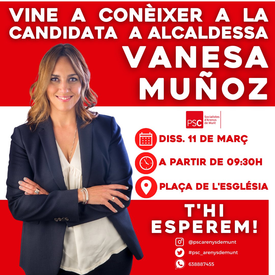 PSC Arenys de Munt (@pscarenysdemunt) on Twitter photo 🔴 Vine a conèixer a la candidata a Alcaldessa
<a href="/VanesaVmunoz/">Vanesa Muñoz</a>
📅 Demà 11 de març
🕙 A partir de les 09:30h
📍 Plaça de l’Esglesia
T'hi esperem!! 🌹🌹 No fallis!
#lapoliticautil #politicautil 🔴 Vine a conèixer a la candidata a Alcaldessa
<a href="/VanesaVmunoz/">Vanesa Muñoz</a>
📅 Demà 11 de març
🕙 A partir de les 09:30h
📍 Plaça de l’Esglesia
T'hi esperem!! 🌹🌹 No fallis!
#lapoliticautil #politicautil