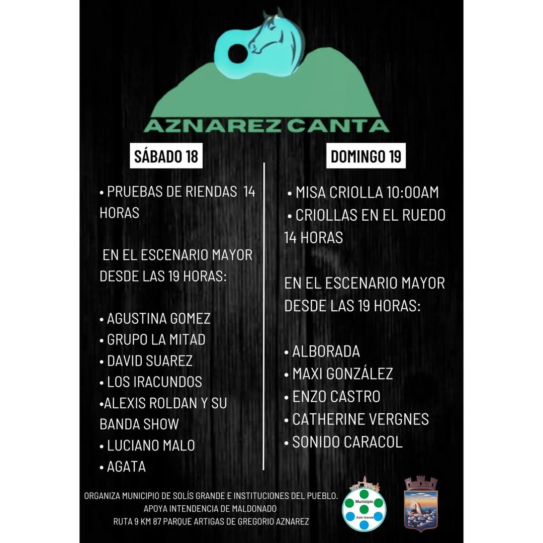 🐎🎶Se viene Aznárez Canta, el festival de la música y jineteadas.

🗓️El sábado 18 y domingo 19 de marzo

📍Ruta 9, km87 - Parque Artigas, Gregorio Aznárez
