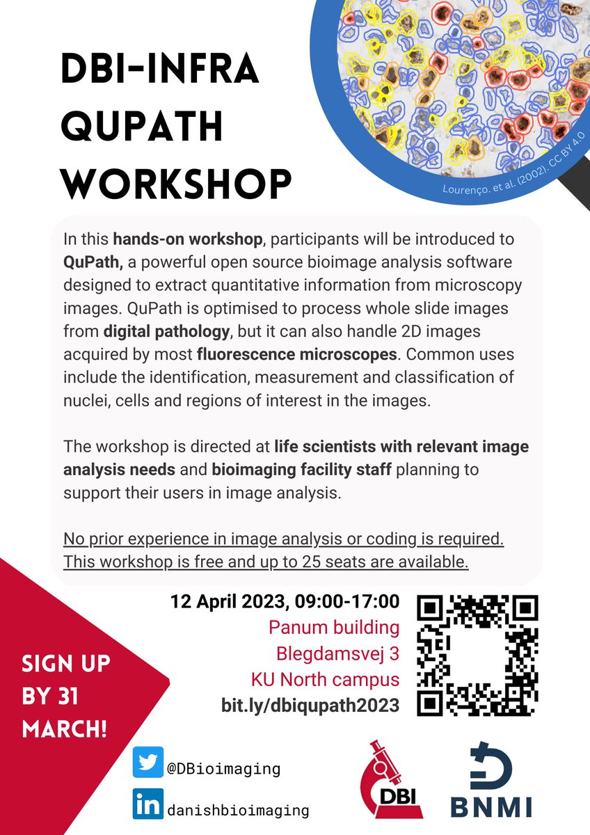 Do not miss the DBI-INFRA QUPATH workshop. Free and up to 25 seats. Sign up if you are interested in #imageanalysis of digital pathology and fluorescence microscopy images. Sign up and help to share it within your network!. 
Thanks <a href="/BnmiNordic/">BNMI Nordic Microscopy</a> for your support. #danishbioimaging