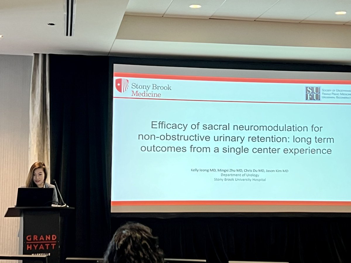 @IeongKelly presenting nearly 76% response rate 😮 at 33 months for SNM in urinary retention. Population was predominantly female though and younger pts seemed to respond better. @Jason_Kim_MD @Mingxi_Zhu #SUFU23