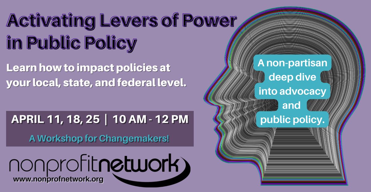 BE A #CHANGEMAKER! #NONPROFITS #POLICY
Learn how you can impact policies at your local, state, and federal levels.  
tinyurl.com/22ud78fr
Come to this multi-session 3-part workshop to gather with your peers for a non-partisan deep dive learning opportunity with <a href="/Renell11/">Renell</a>.