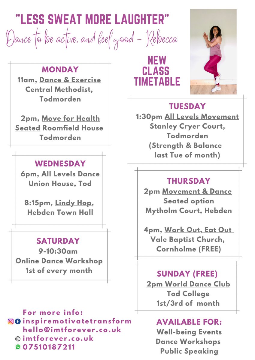 EileenKelly33's tweet photo. When we move we're stronger and what better way to start moving or increase your movement by joining one of Rebecca's classes below? There's something for everyone here!
#ActiveCdale #movement #wellbeing #LessSweat #MoreLaughter #Todmorden #HebdenBridge https://t.co/YAvDzNx8d6