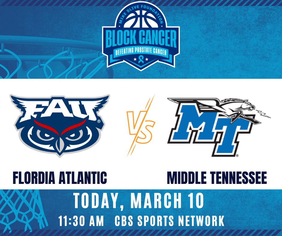 mikeslivefdn's tweet photo. We are honored to partner with @ConferenceUSA this year at their conference semifinal game. Tune in today as @FAUMBB tips off against @MT_MBB. Thank you to the @ConferenceUSA for helping us increasing awareness about prostate cancer. #BlockCancer https://t.co/R2VD0LKHoF